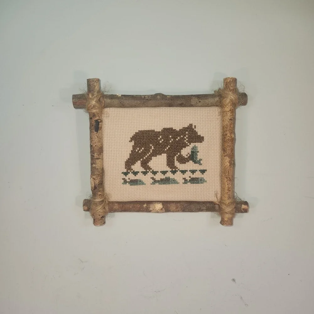 Rustic Bear Cross Stitch Wall Art | Woodland Cabin Cottagecore Handmade Decor
